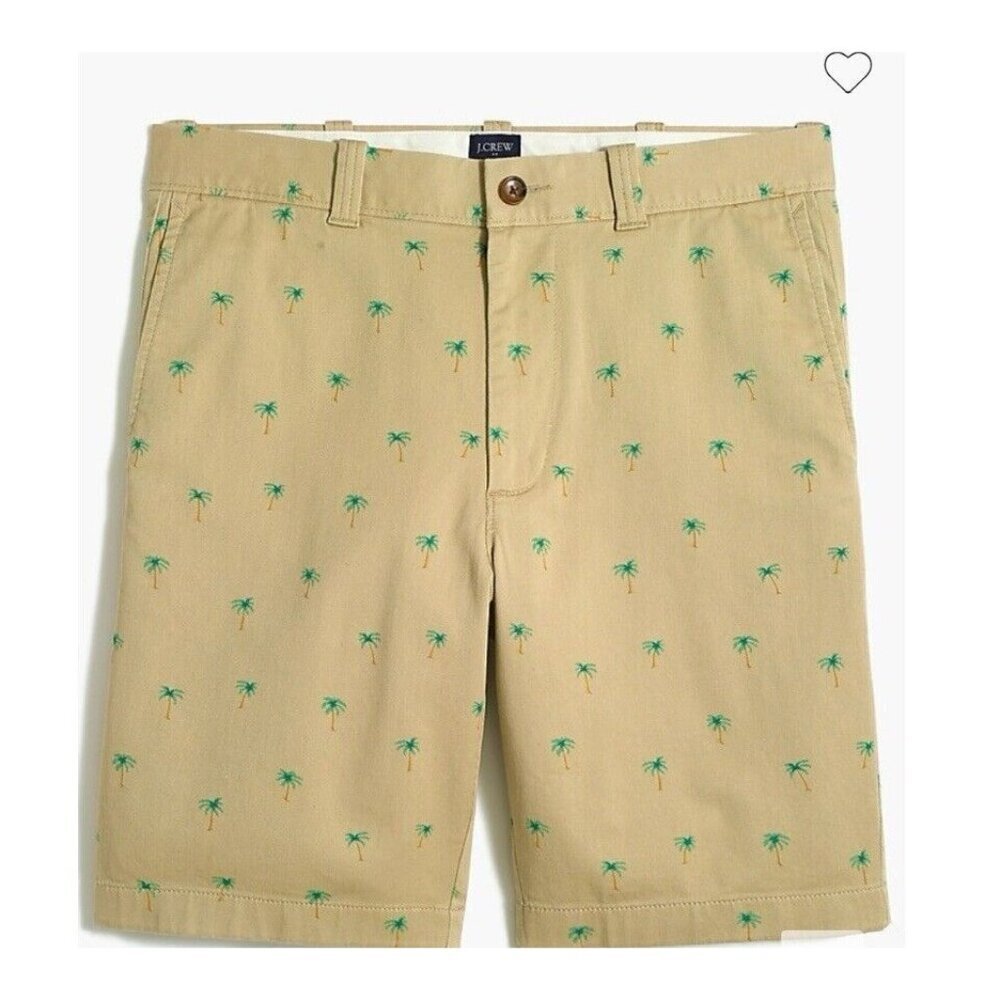 J. Crew Shorts Mens 32 Khaki Summer Re-Imagined Palm Trees Tan Chino 9" Inseam